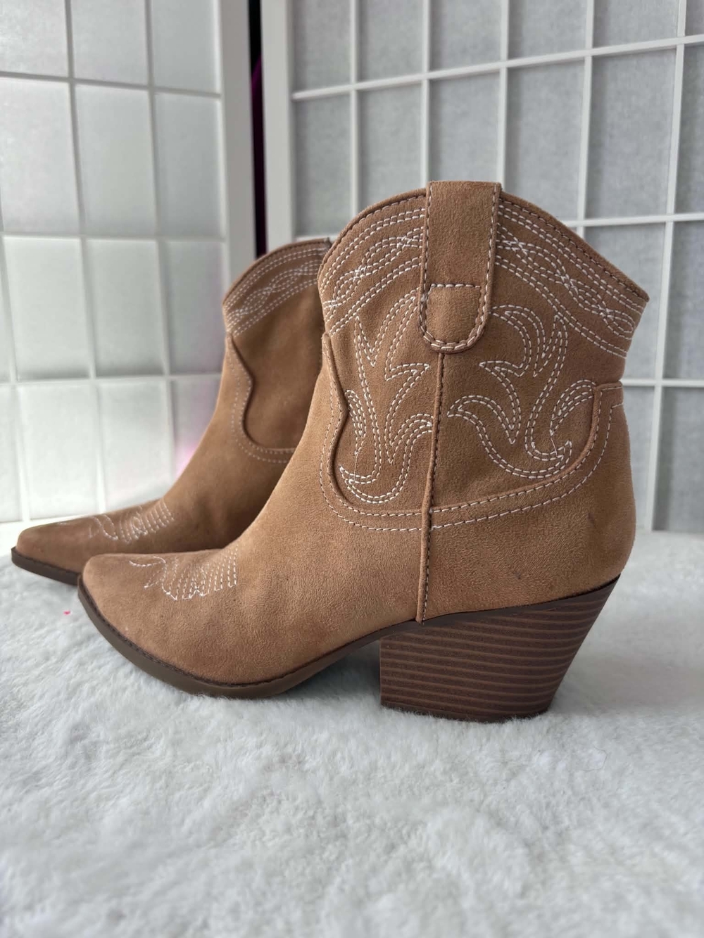 Suede Western Ankle Boots in Tan